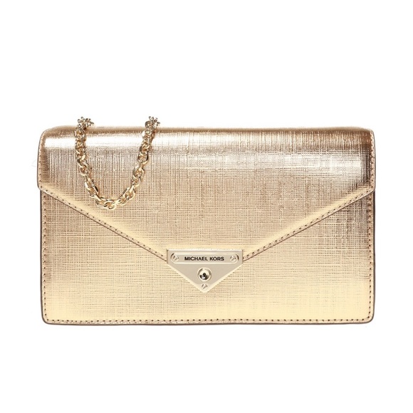 MICHAEL KORS Grace Medium Metallic Leather Envelope Gold Clutch Bag AUTHENTIC - Picture 1 of 16
